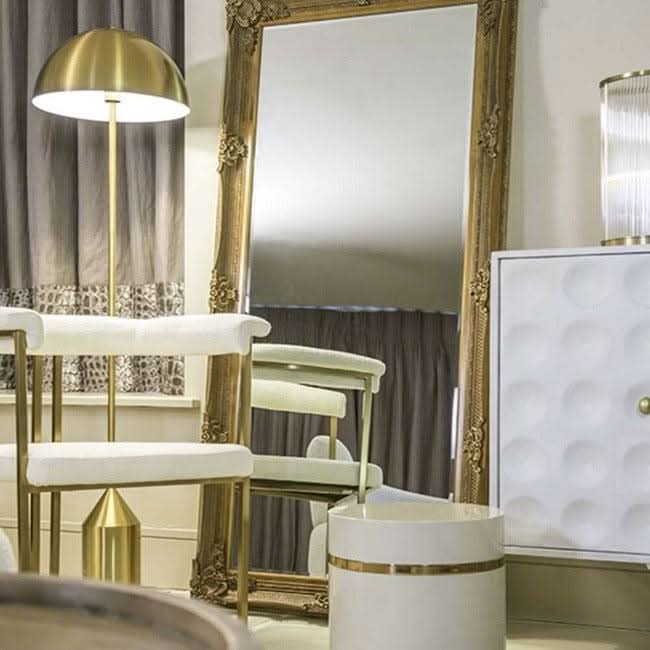 Victoria Gold Baroque Leaner Mirror 165cm x 80cm in elegant room setting with gold accents and white furniture